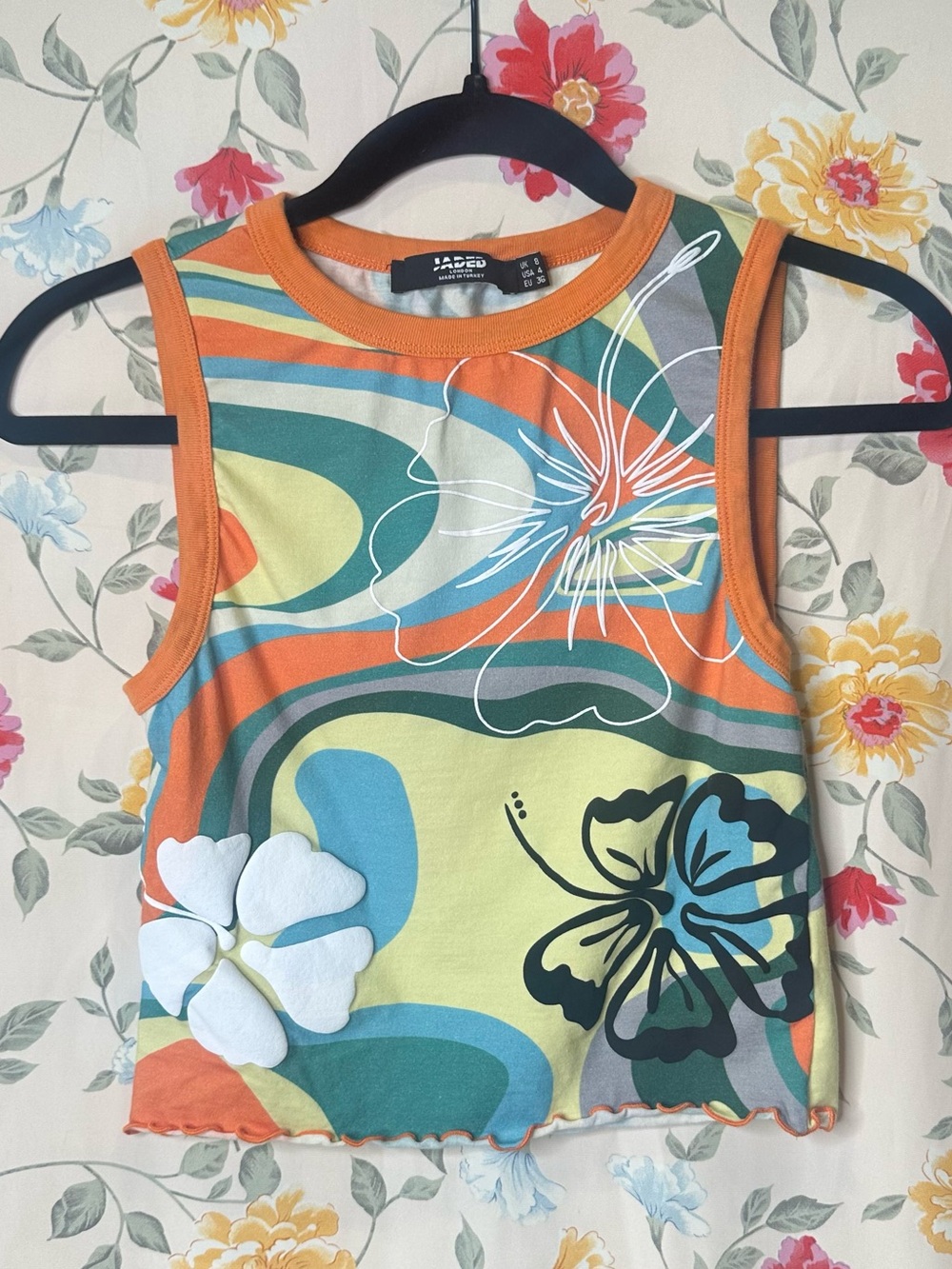 JADED LONDON | Hawaiian Orange-Trim Multicolor Floral Print Crop Tank | US 4